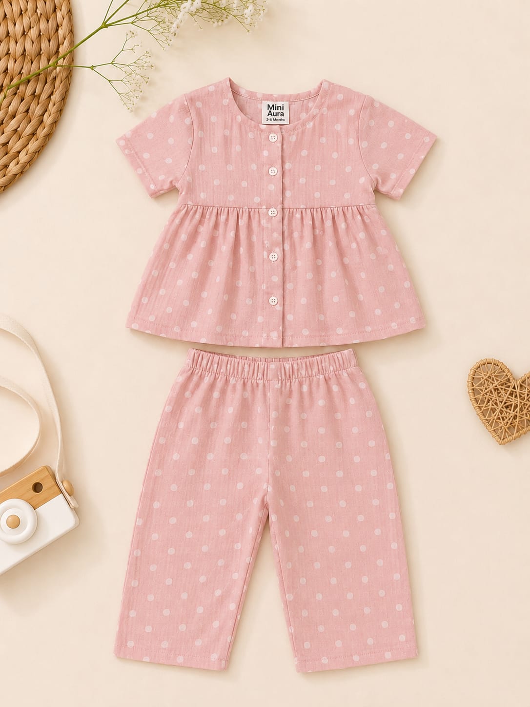 Mini Aura Girls Top and Trouser Set (Polka Dot Peplum) – Blush Pink