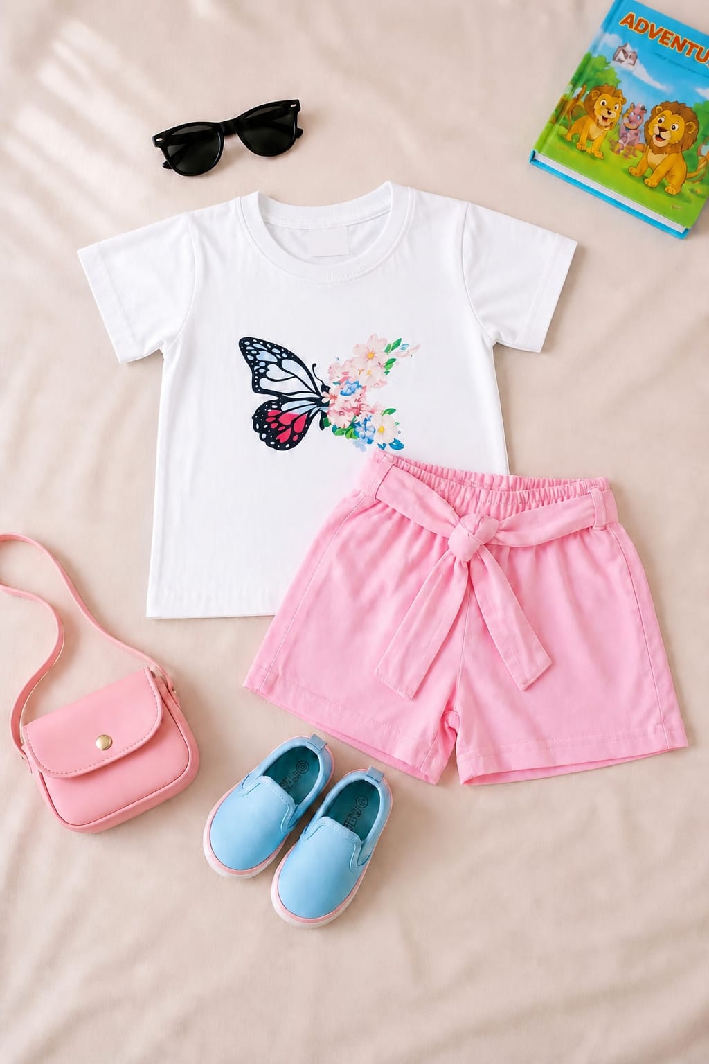 Nifty Basics Girls Contrast T-Shirt and Shorts Set – White & Pink