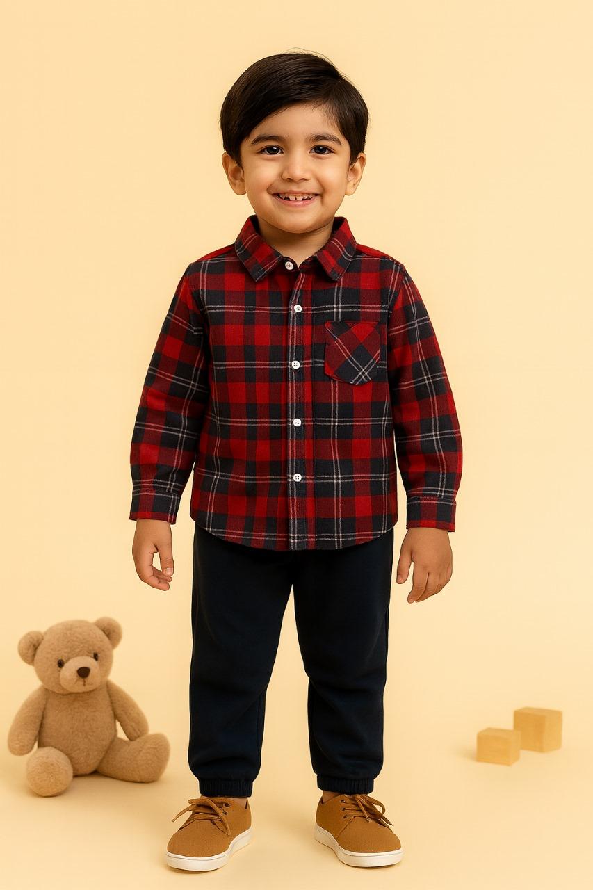 BOYS RED & NAVY PLAID SHIRT AND NAVY JOGGER SET