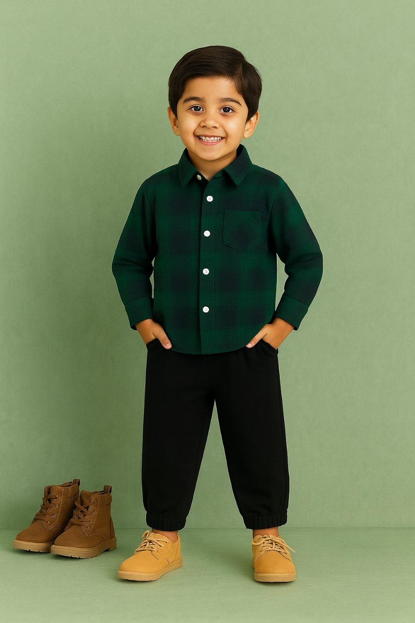 BOYS GREEN & BLUE PLAID SHIRT WITH BLACK JOGGERS