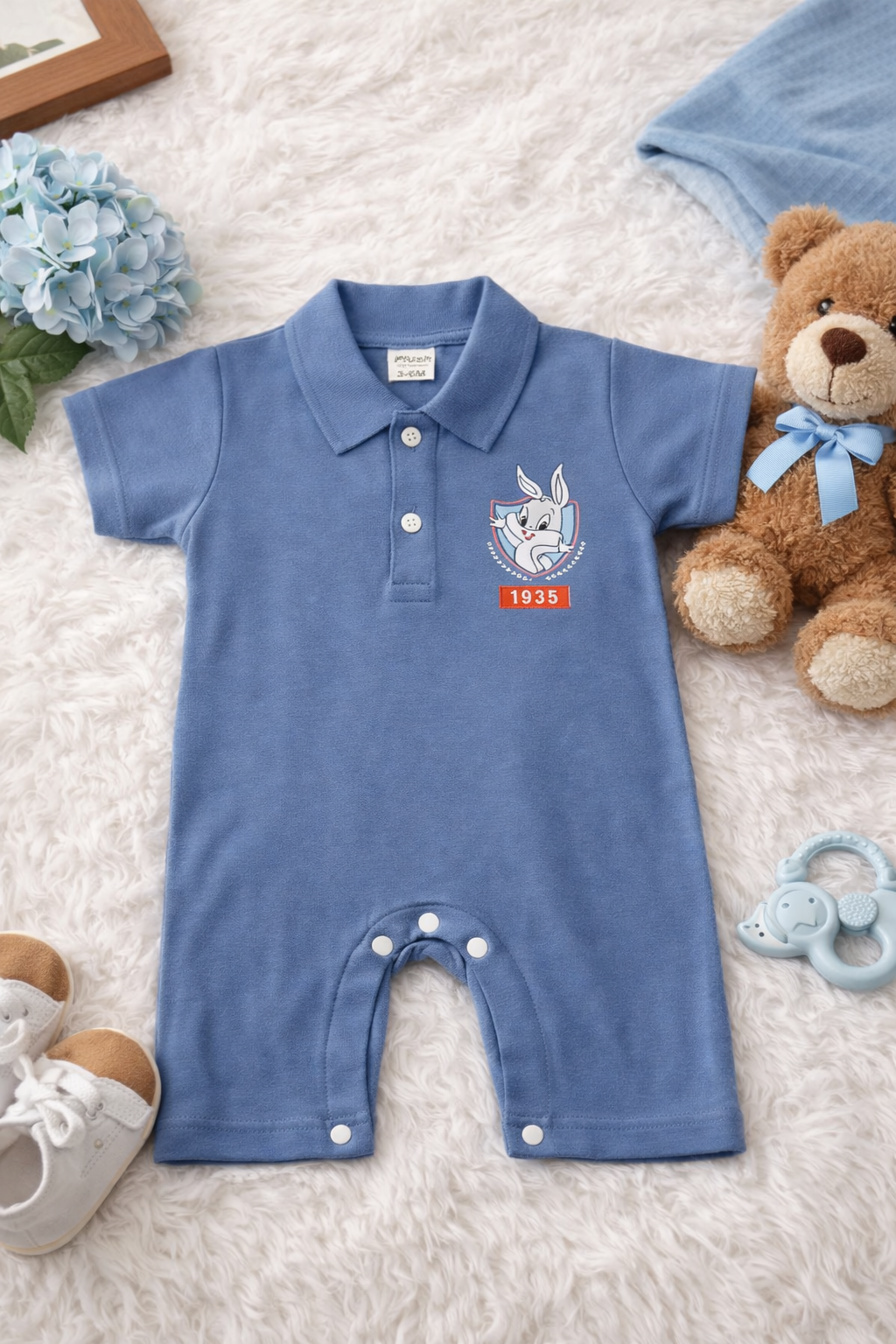 Plush-Polo Romper - Blue