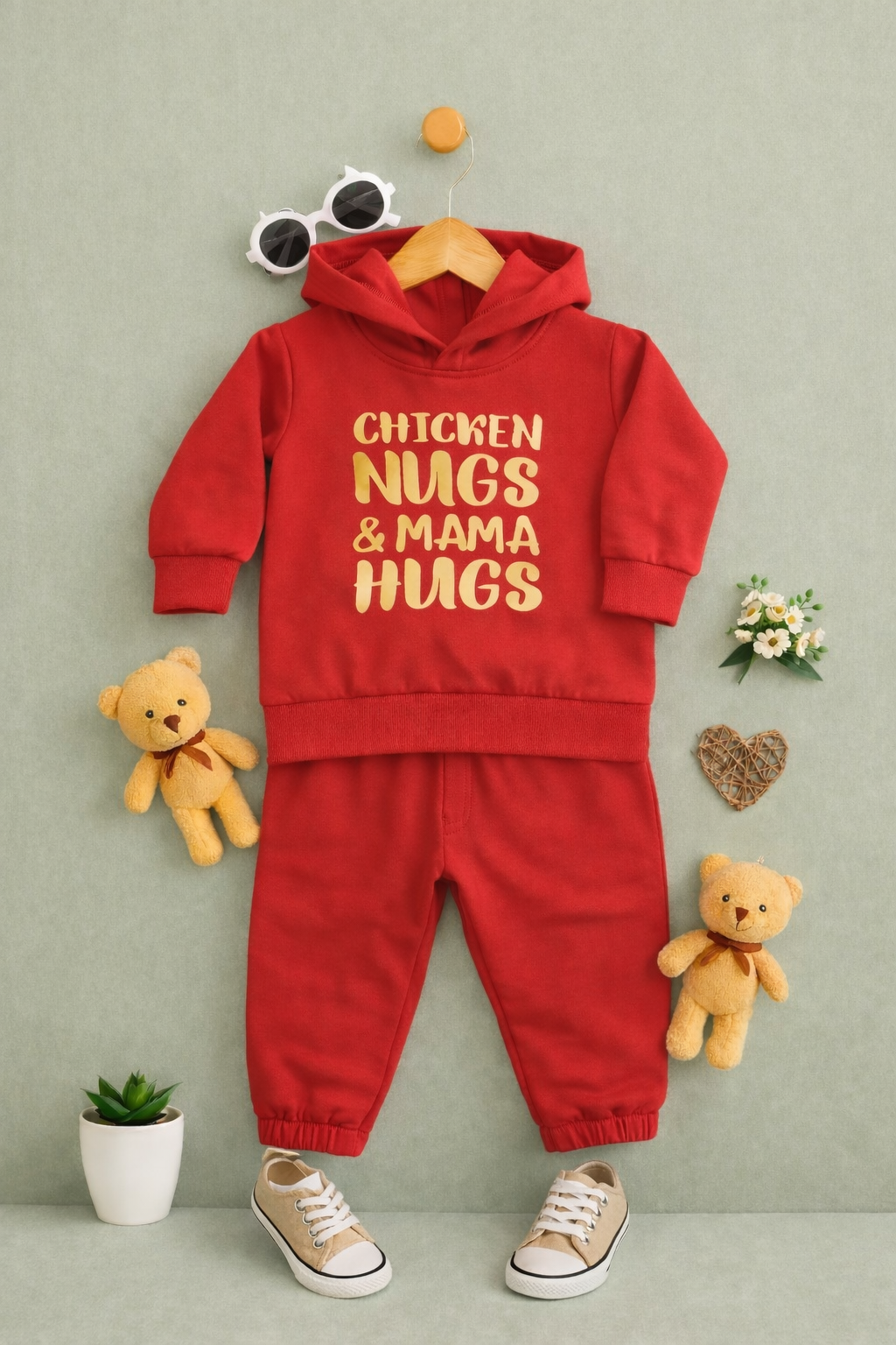 Plush Hoodied Fleece Shirt & Trouser - Mama Hugs in Red