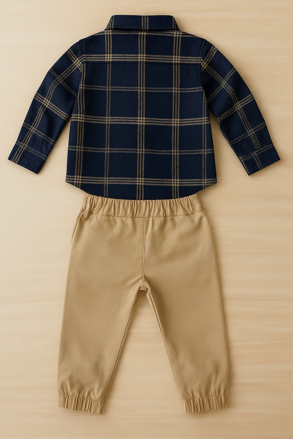 BOYS NAVY & TAN PLAID SHIRT WITH KHAKI JOGGER SET