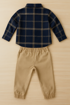 BOYS NAVY & TAN PLAID SHIRT WITH KHAKI JOGGER SET