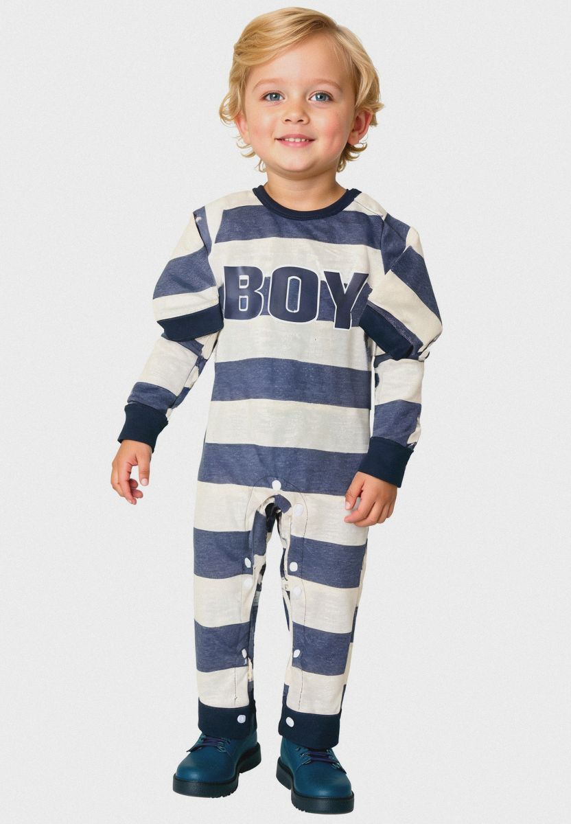 Plush-Printed Romper - Boy in Blue Stripes