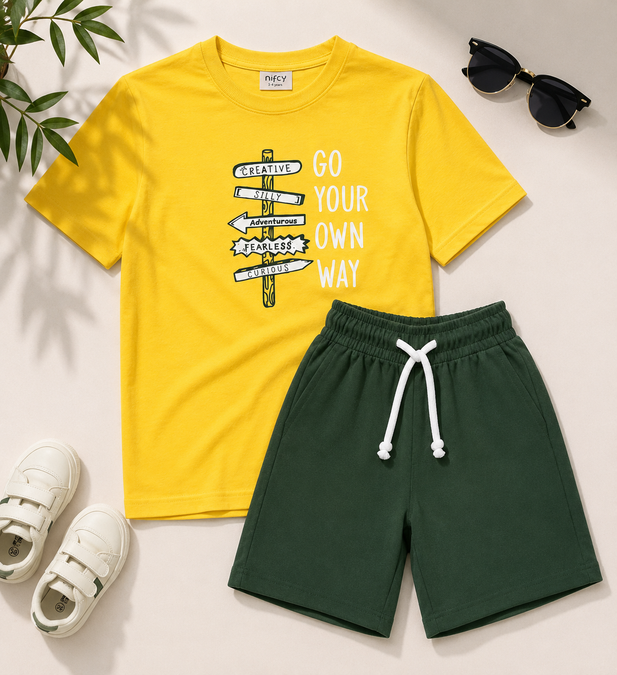 Kids Yellow T-Shirt & Dark Green Shorts Set for Boys | Stylish Summer Co-Ord Outfit