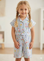 MINI AURA Girls Striped Floral Jumpsuit with Waist Belt – Blue & White