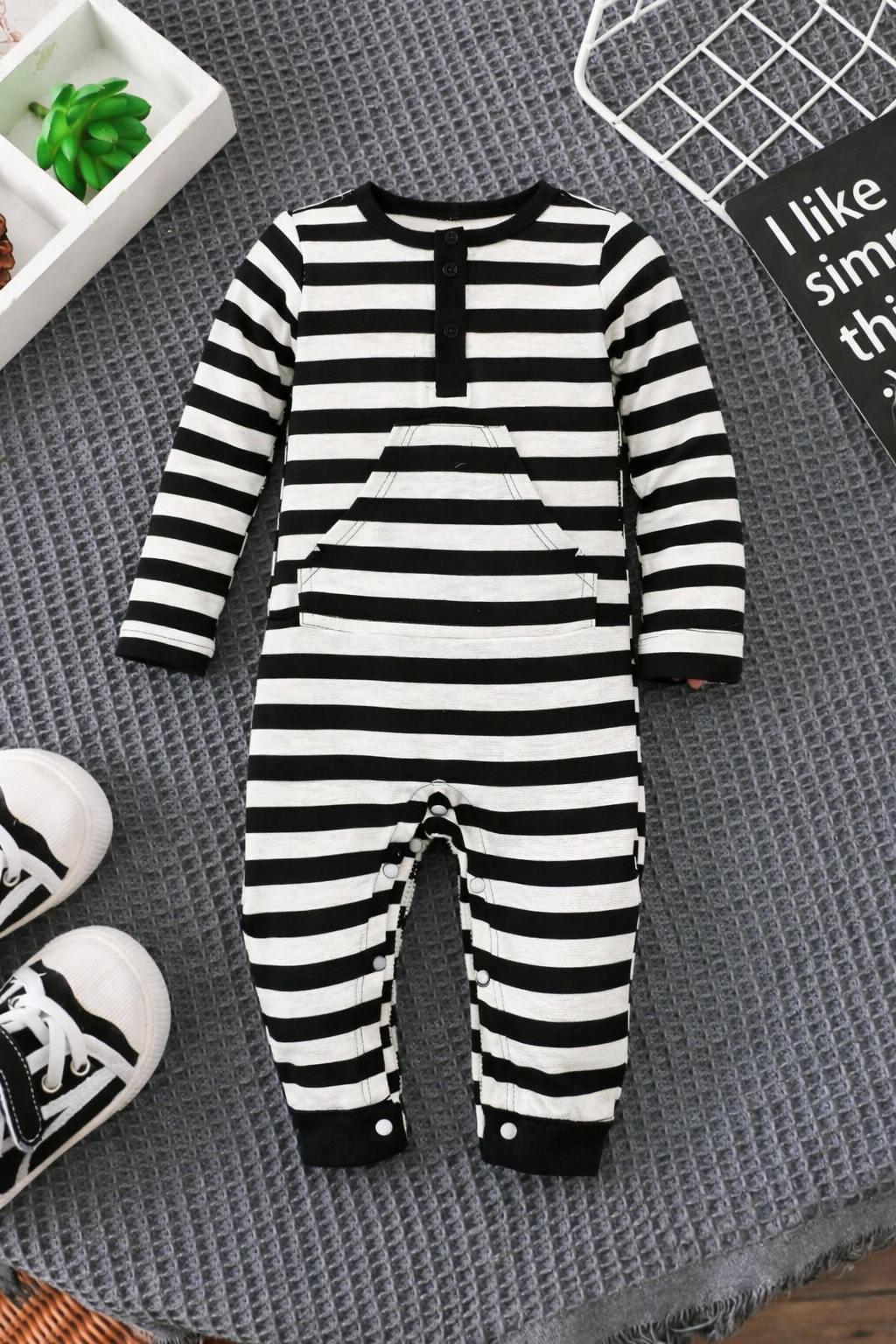 Plush-Printed Romper - Black Stripes with front pocket