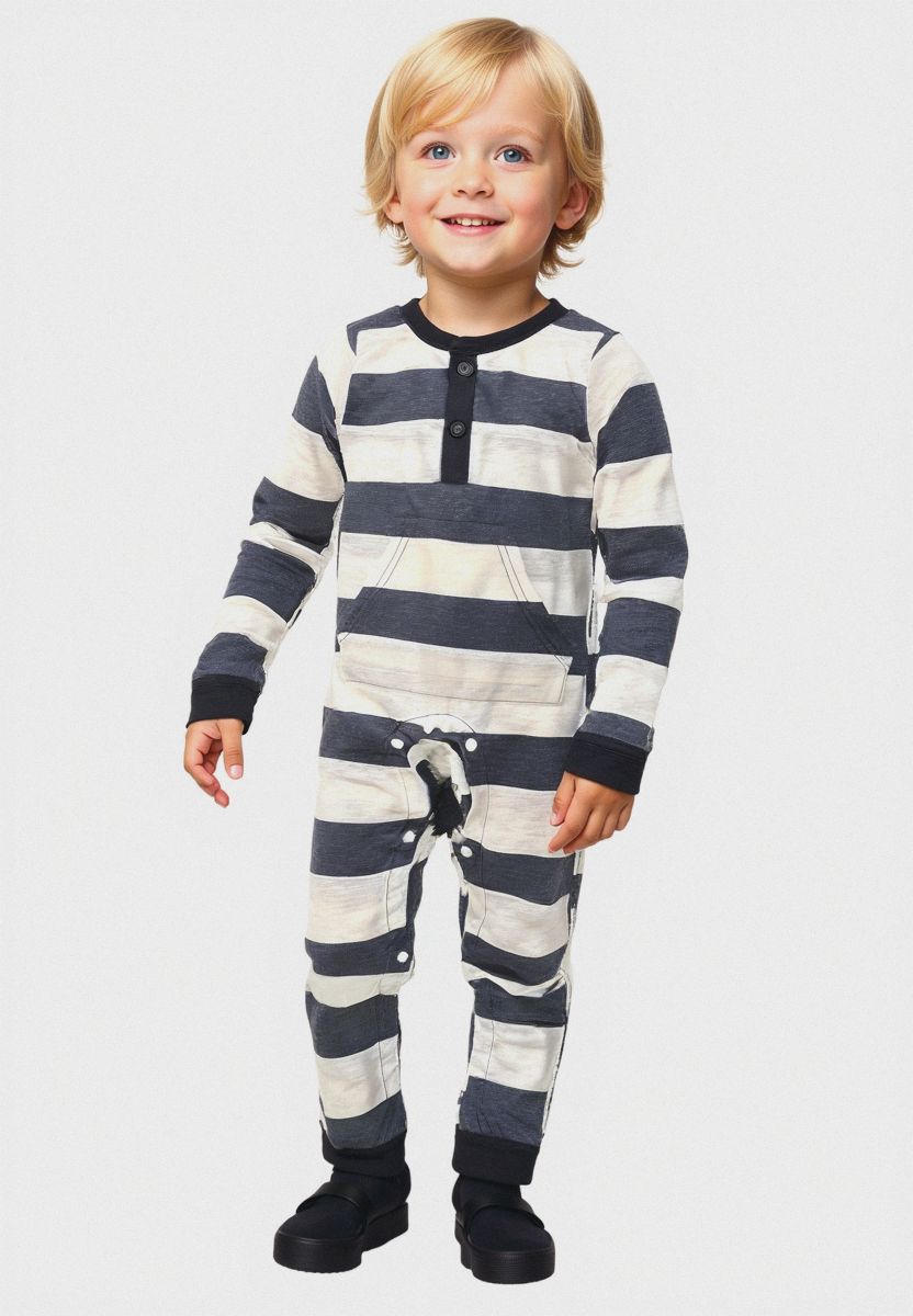 Plush-Printed Romper - Black Stripes with front pocket