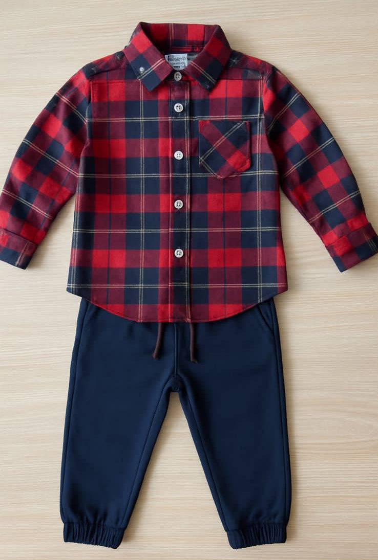 BOYS RED & NAVY PLAID SHIRT AND NAVY JOGGER SET
