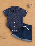 Mini Aura Navy Printed Bow-Tie Onesie with Denim Shorts for Baby Boy