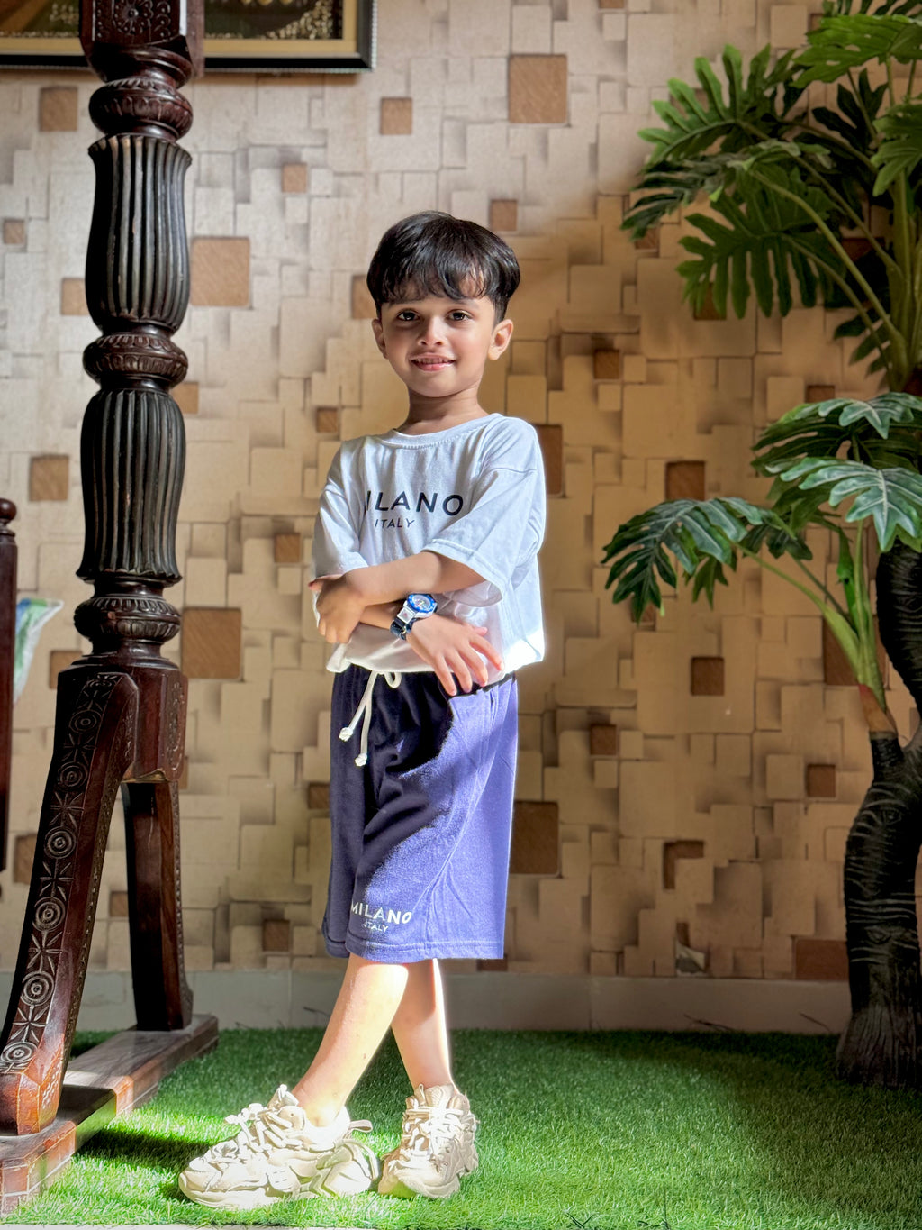 Nifty Basics Boys T-Shirt and Shorts Set (Milano Italy) – White & Navy