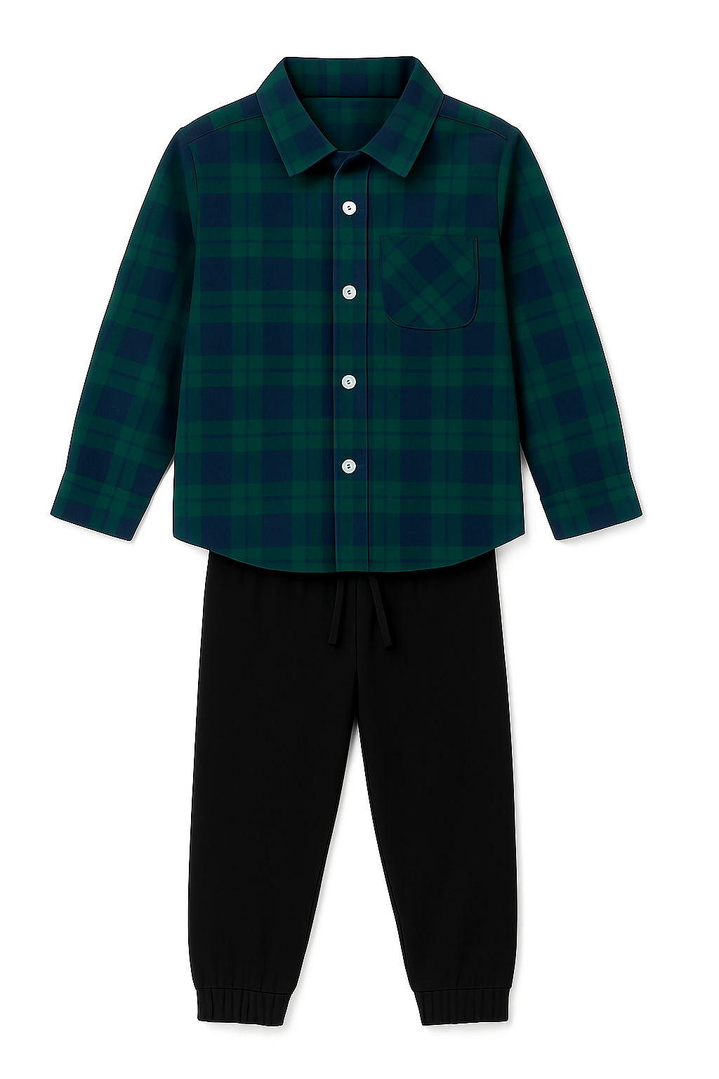 BOYS GREEN & BLUE PLAID SHIRT WITH BLACK JOGGERS