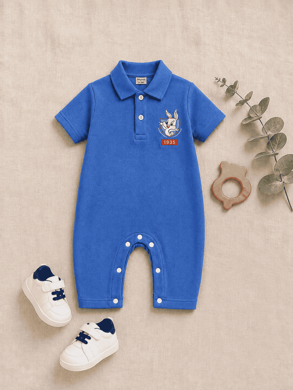 Plush-Polo Romper - Blue