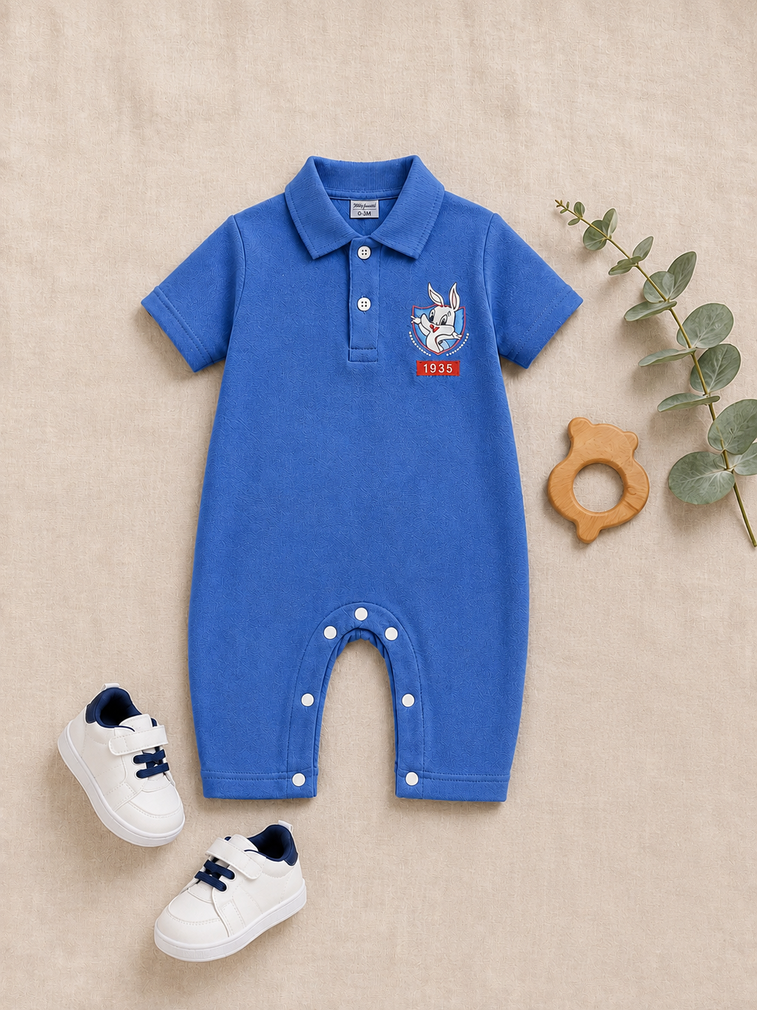 Plush-Polo Romper - Blue
