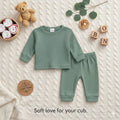 Plush Round Neck Style Ribbed Knit Sweat Set - Green