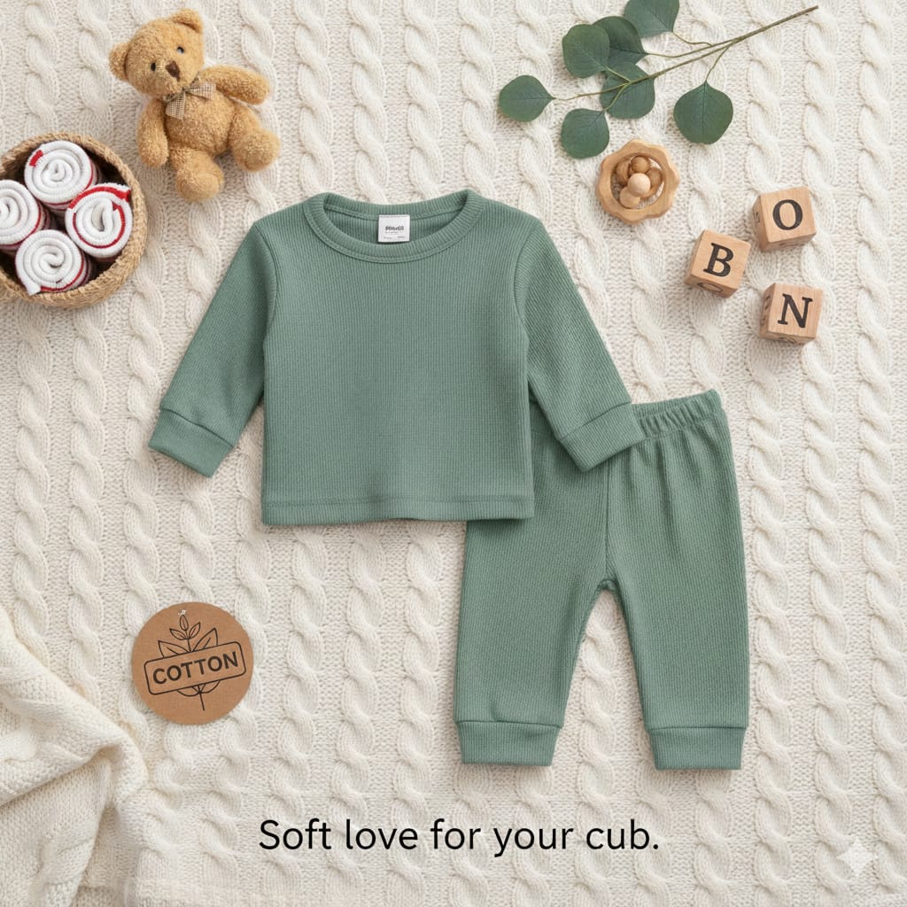 Plush Round Neck Style Ribbed Knit Sweat Set - Green