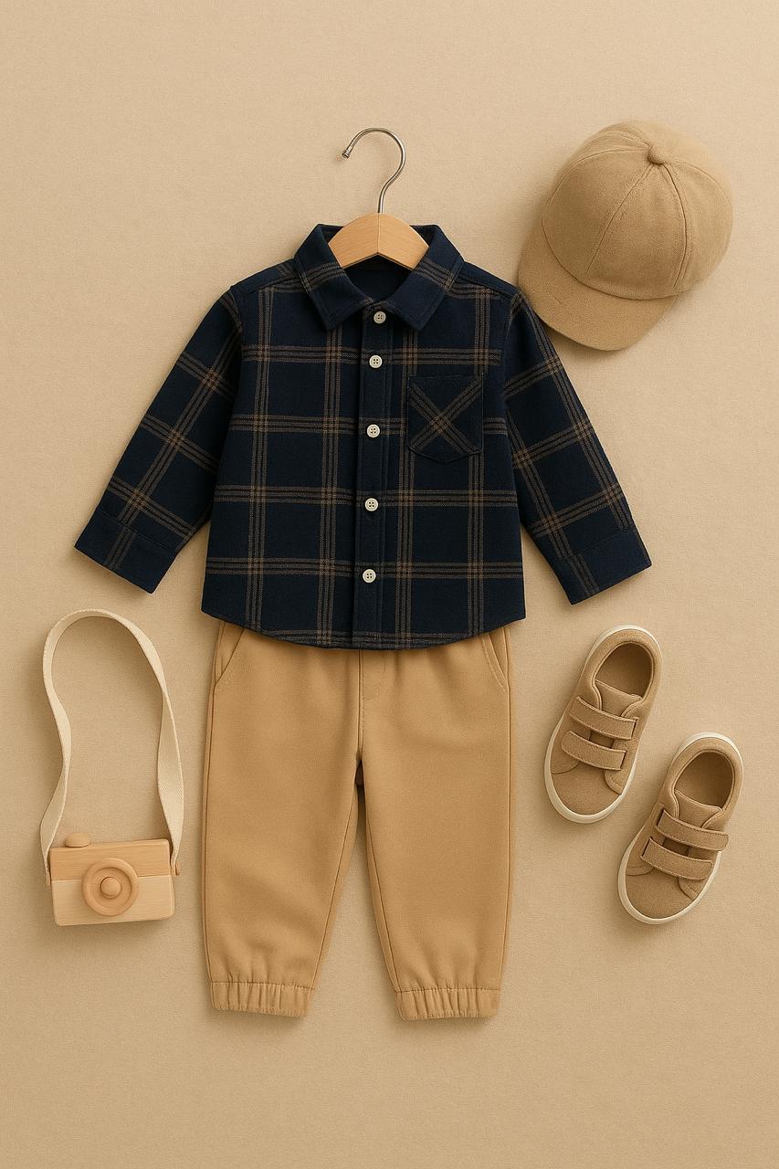 BOYS NAVY & TAN PLAID SHIRT WITH KHAKI JOGGERS