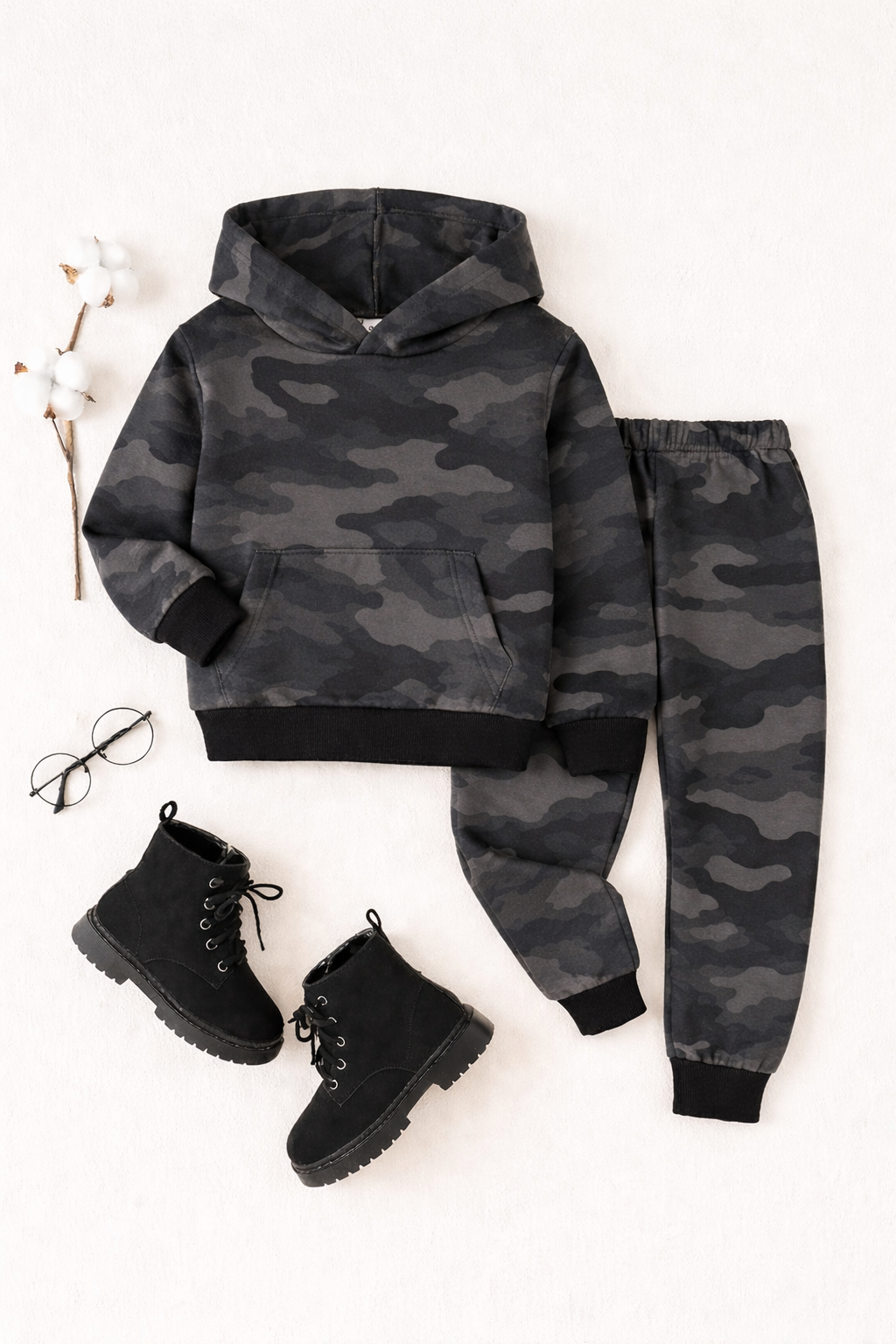 Plush - Hoodied Fleece Shirt & Trouser - Camouflage Black