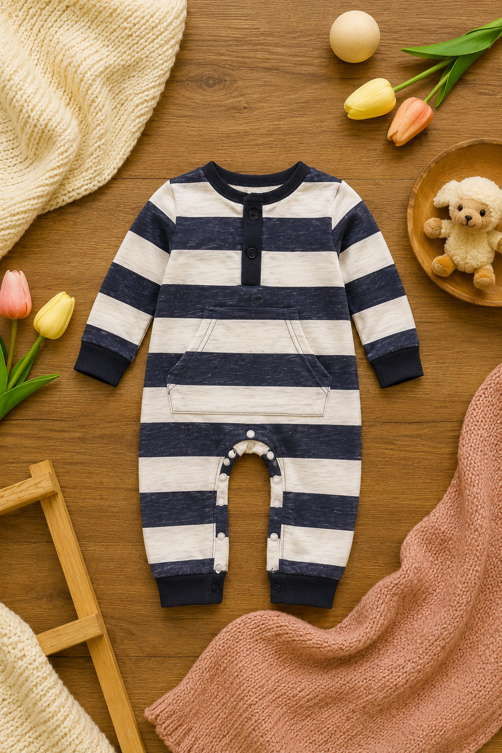 Plush-Printed Romper - Black Stripes with front pocket
