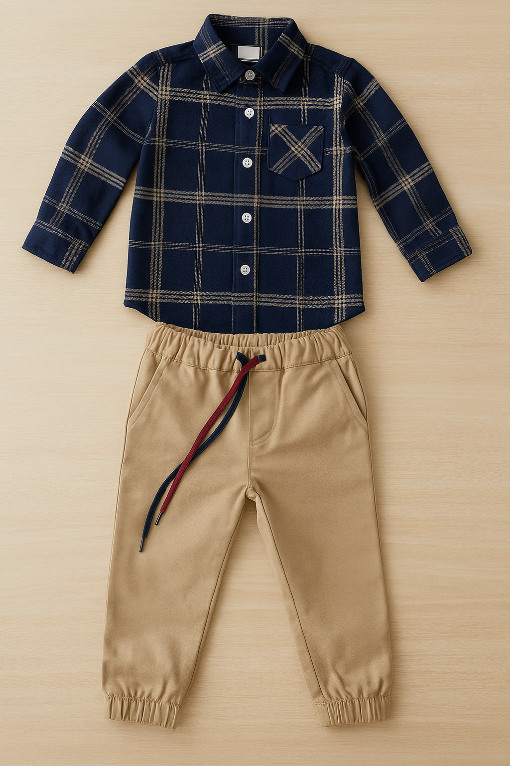 BOYS NAVY & TAN PLAID SHIRT WITH KHAKI JOGGERS