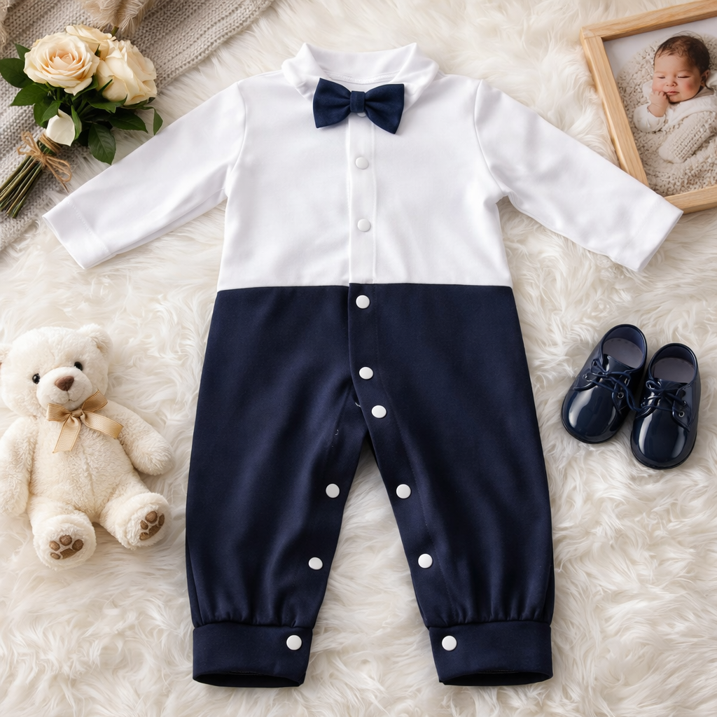 Plush-Polo Romper - White & Blue Contrast with Bowtie