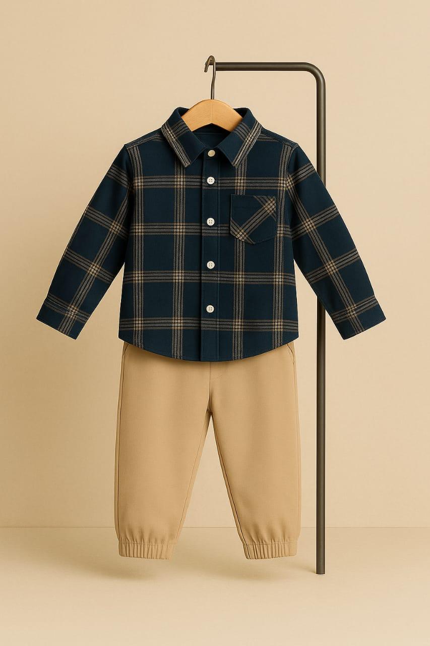 BOYS NAVY & TAN PLAID SHIRT WITH KHAKI JOGGERS