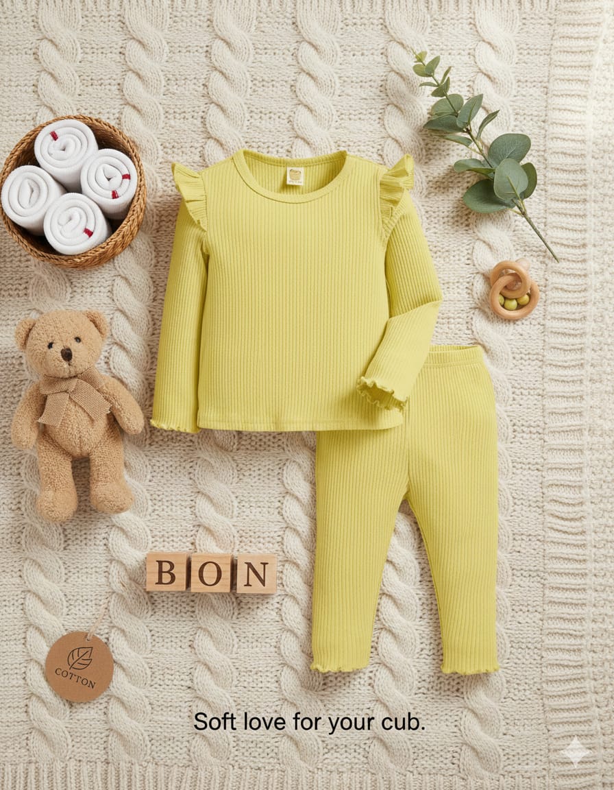 Plush Shoulder Frill Style Ribbed Knit Basic Set - Yellow