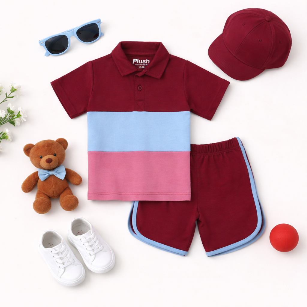Plush-Baby Plaid Polo Shirt & Shorts-Red-Blue