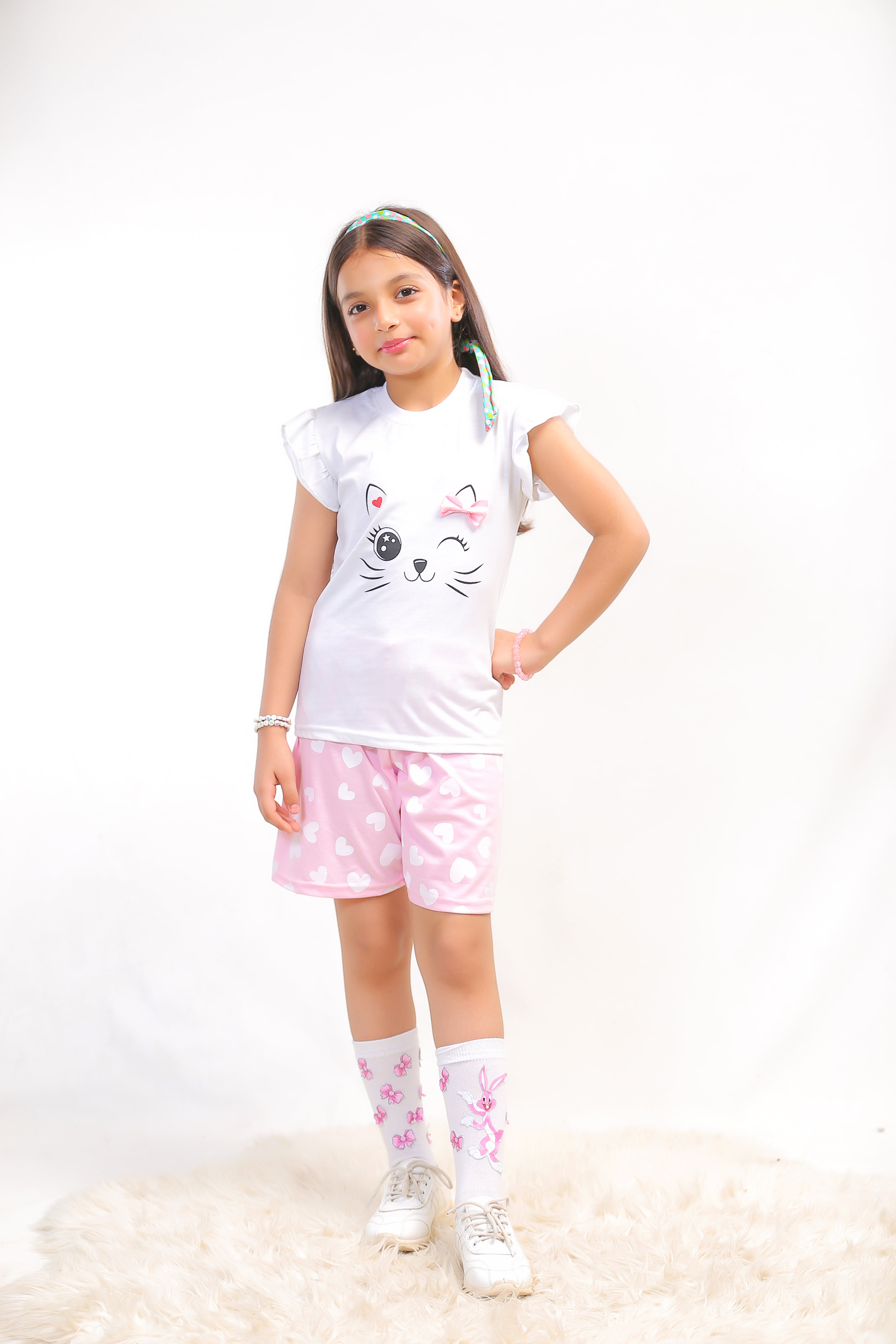 Plush-Nifty Basics - Cat Love in White Pink Contrast with Shorts