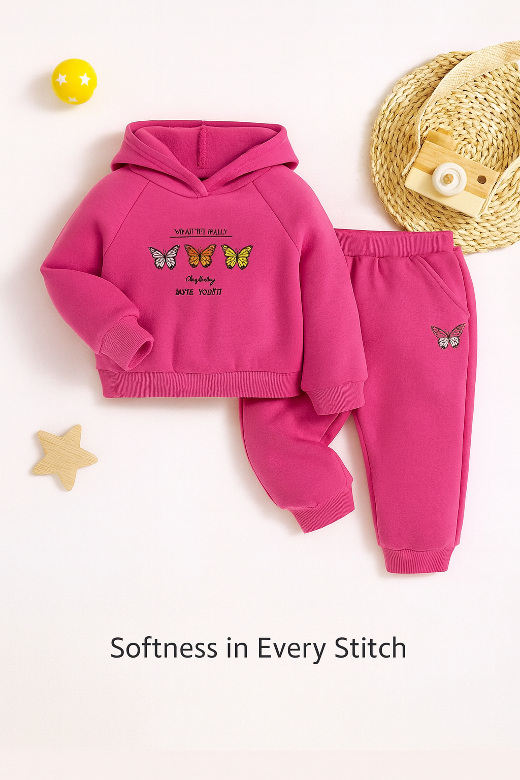 Plush Hoodied Fleece Shirt & Trouser - Butterfly in Pink