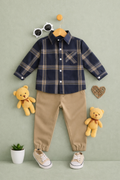 BOYS NAVY & TAN PLAID SHIRT WITH KHAKI JOGGER SET