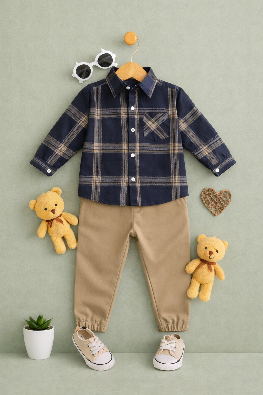 BOYS NAVY & TAN PLAID SHIRT WITH KHAKI JOGGERS