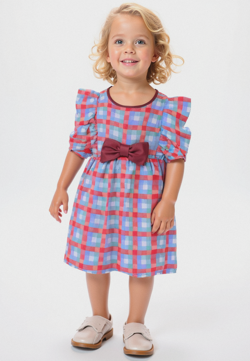 PLUSH-Summer Frock - Red Contrast Squares with Bowtie