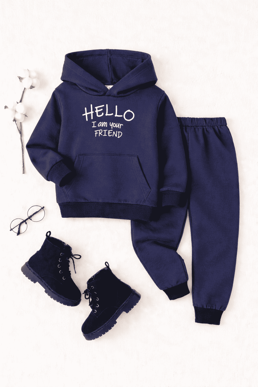 Plush Hoodied Fleece Shirt & Trouser - Hello Friend Blue