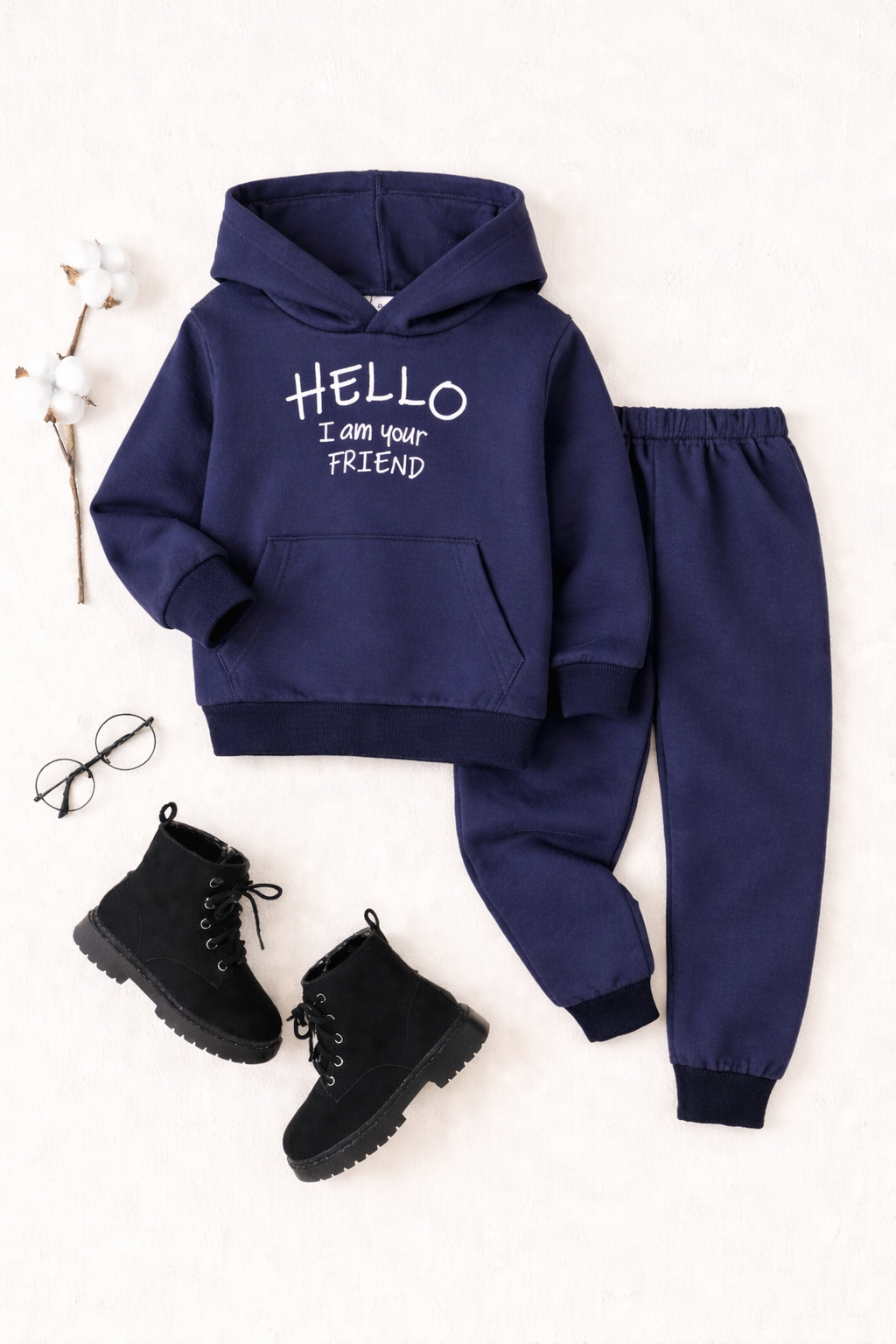 Plush Hoodied Fleece Shirt & Trouser - Hello Friend Blue