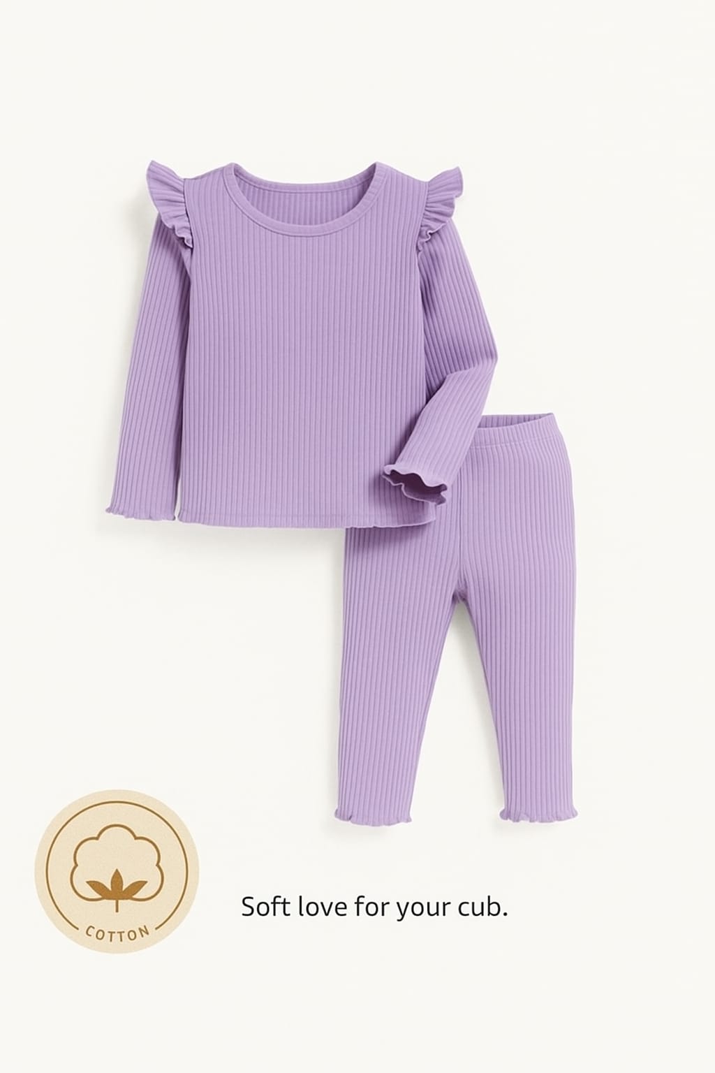 Plush Shoulder Frill Style Ribbed Knit Basic Set - Purple