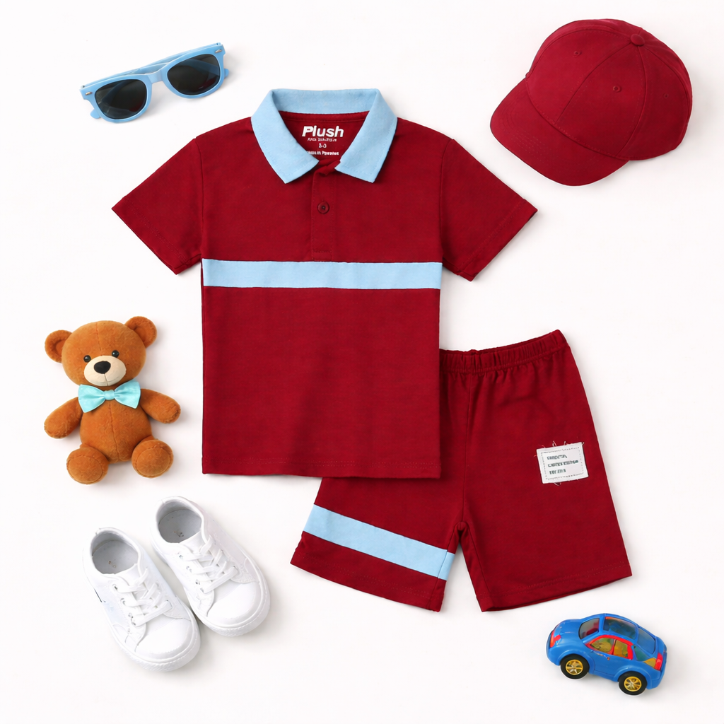 Plush-Baby Plaid Polo Shirt & Shorts-Red-Blue