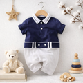 Plush-Polo Romper -  Blue & White Contrast With Belt