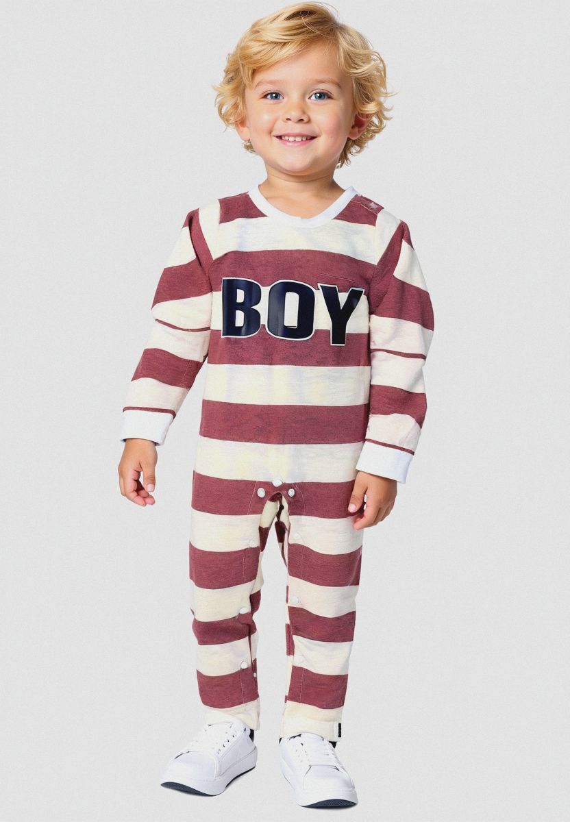 Plush-Printed Romper - Boy in Maroon Stripes
