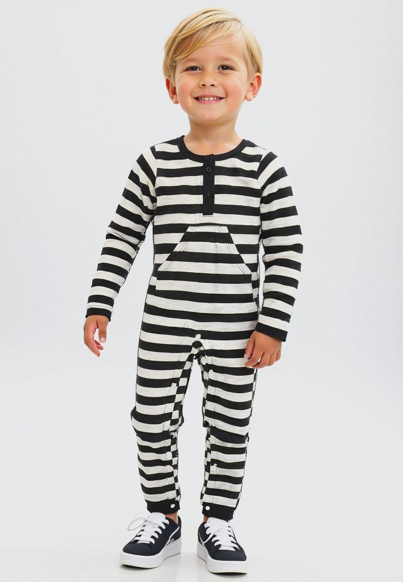 Plush-Printed Romper - Black Stripes with front pocket