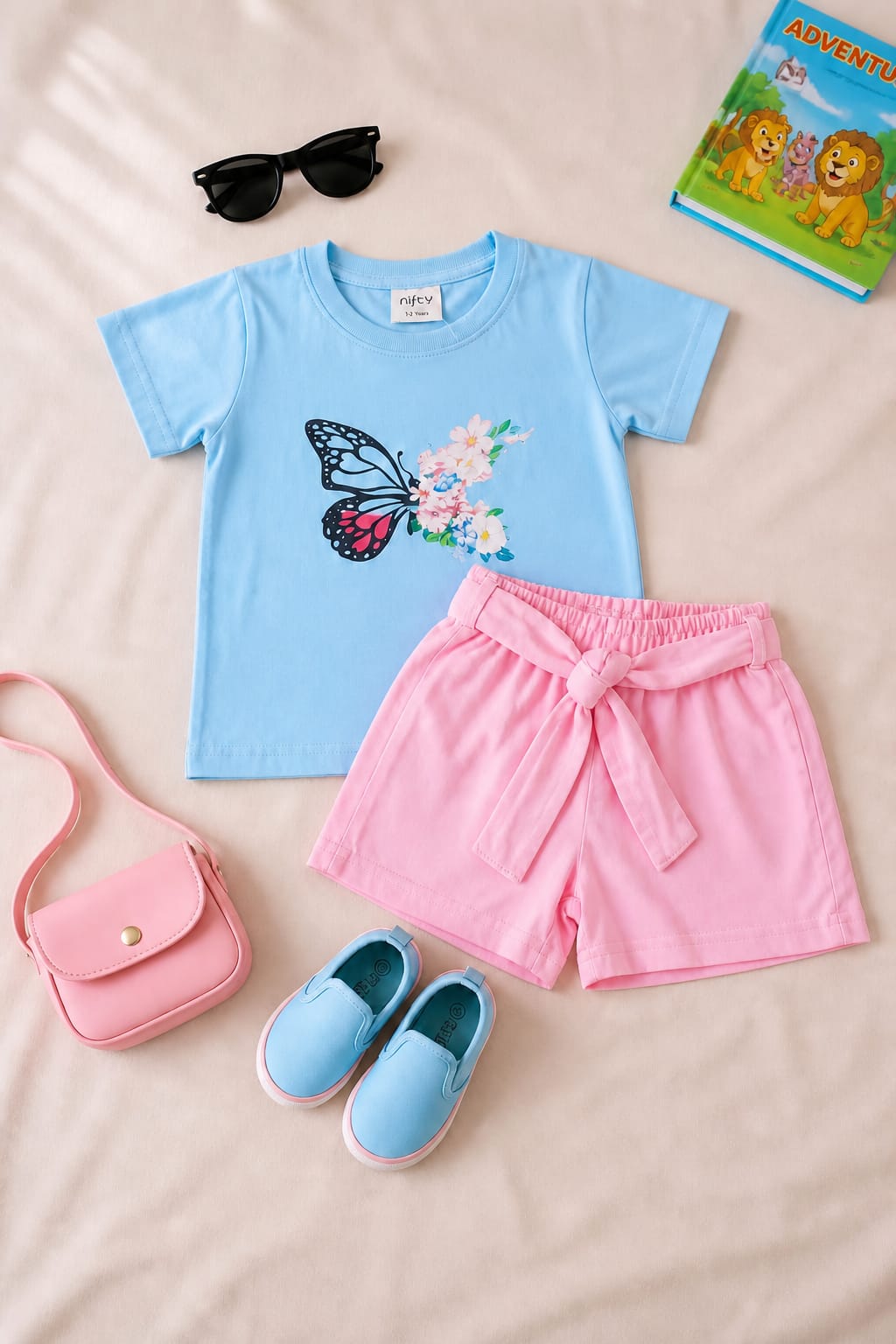 Nifty Basics Girls Contrast T-Shirt and Shorts Set– Sky Blue & Pink