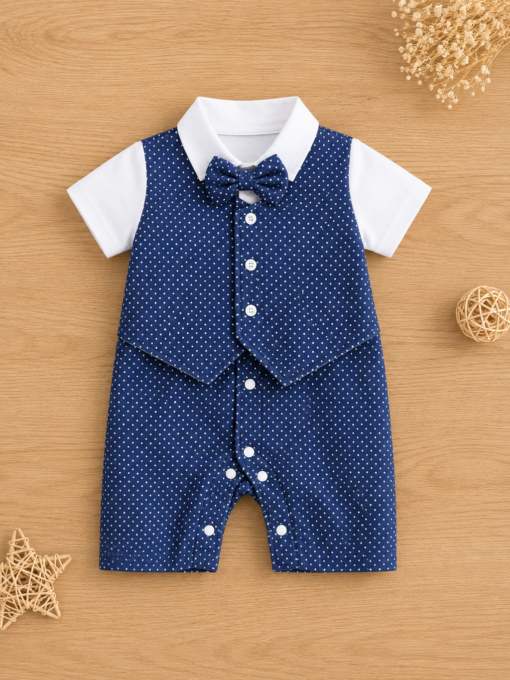 Mini Aura Polka Dot Vest-Style Romper with Bow Tie for Baby Boy