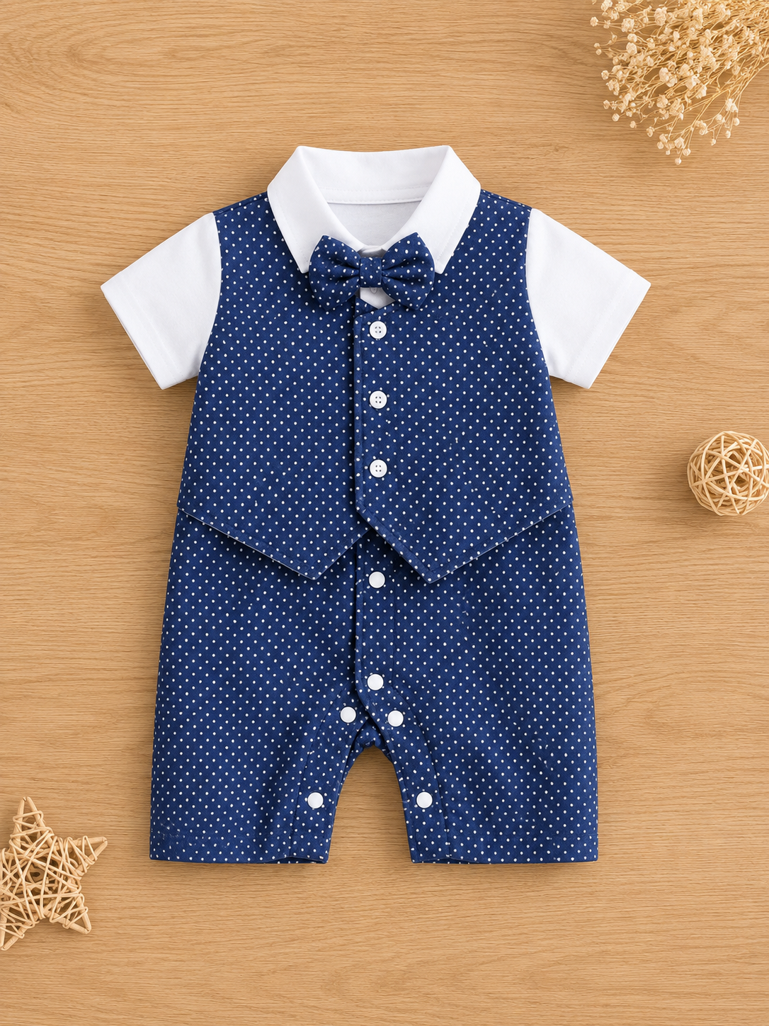Mini Aura Polka Dot Vest-Style Romper with Bow Tie for Baby Boy