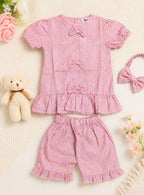 Mini Aura Girls Top and Shorts Set (Mini Floral Bow) – Pink