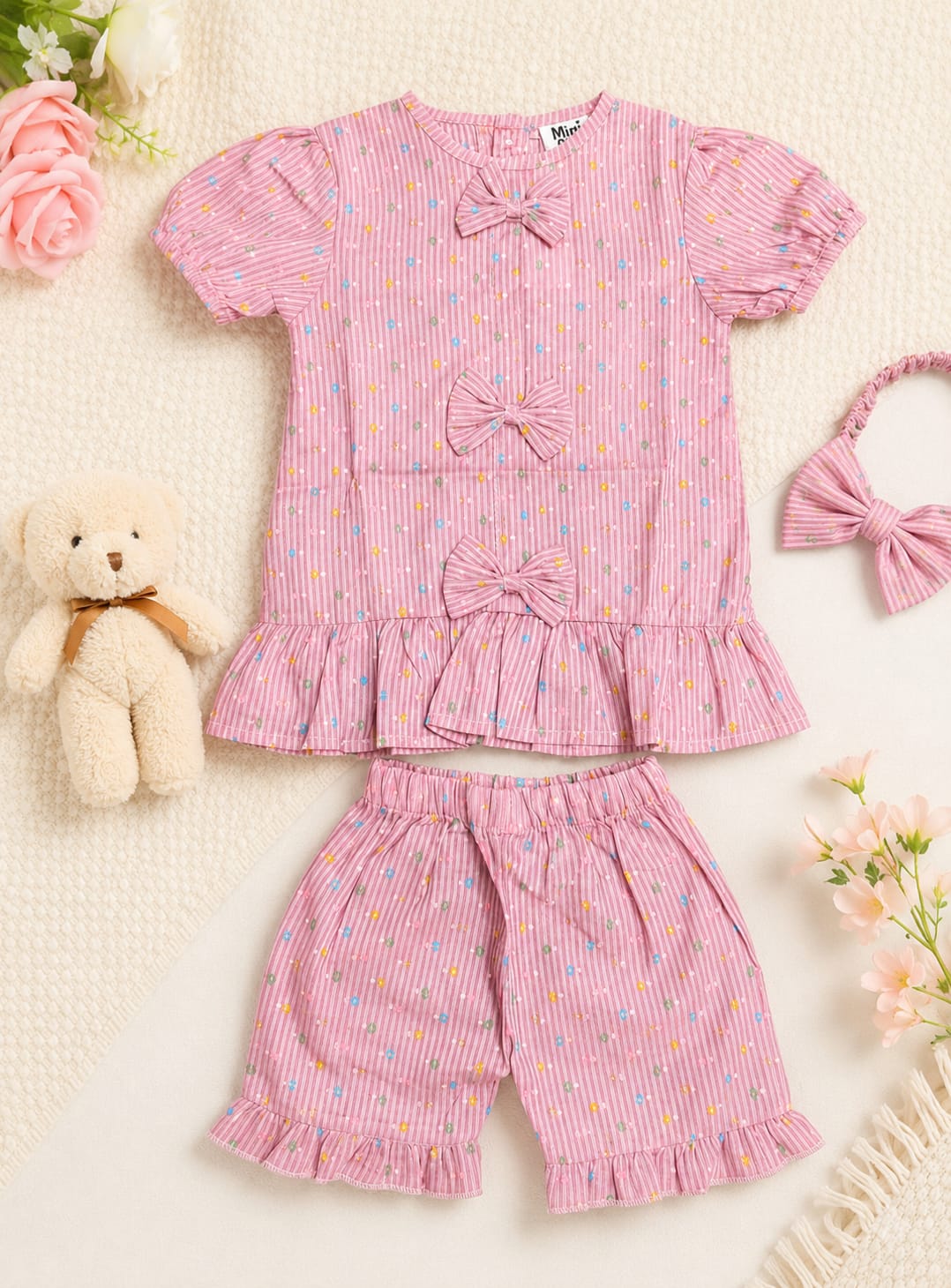 Mini Aura Girls Top and Shorts Set (Mini Floral Bow) – Pink