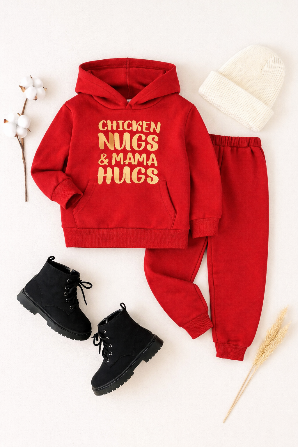 Plush Hoodied Fleece Shirt & Trouser - Mama Hugs in Red