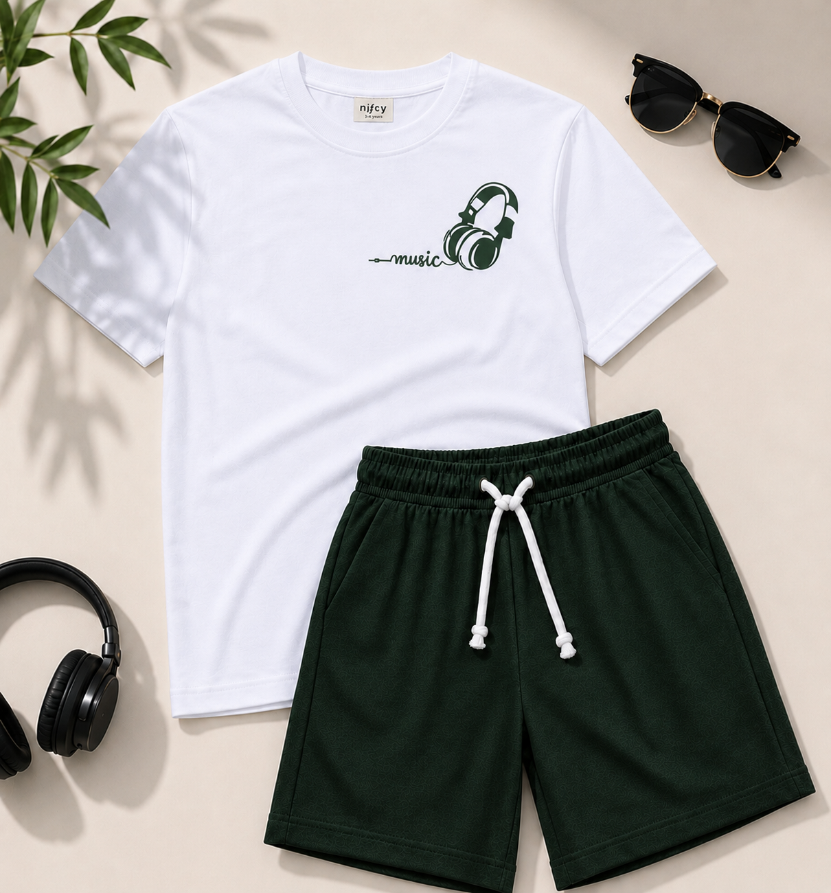Kids White T-Shirt & Dark Green Shorts Set – Comfortable Summer Outfit for Boys
