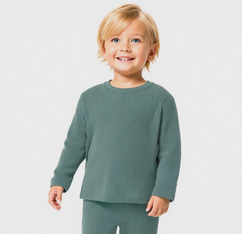 Plush Round Neck Style Ribbed Knit Sweat Set - Green