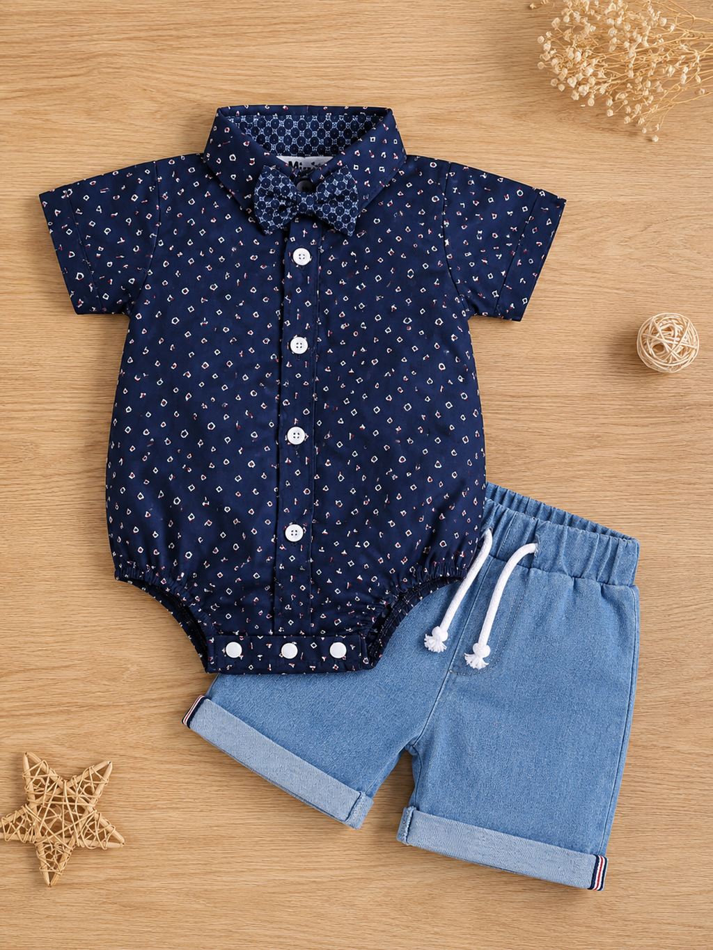 Mini Aura Sailboat Print Shirt Romper & Denim Shorts Set for Baby Boy